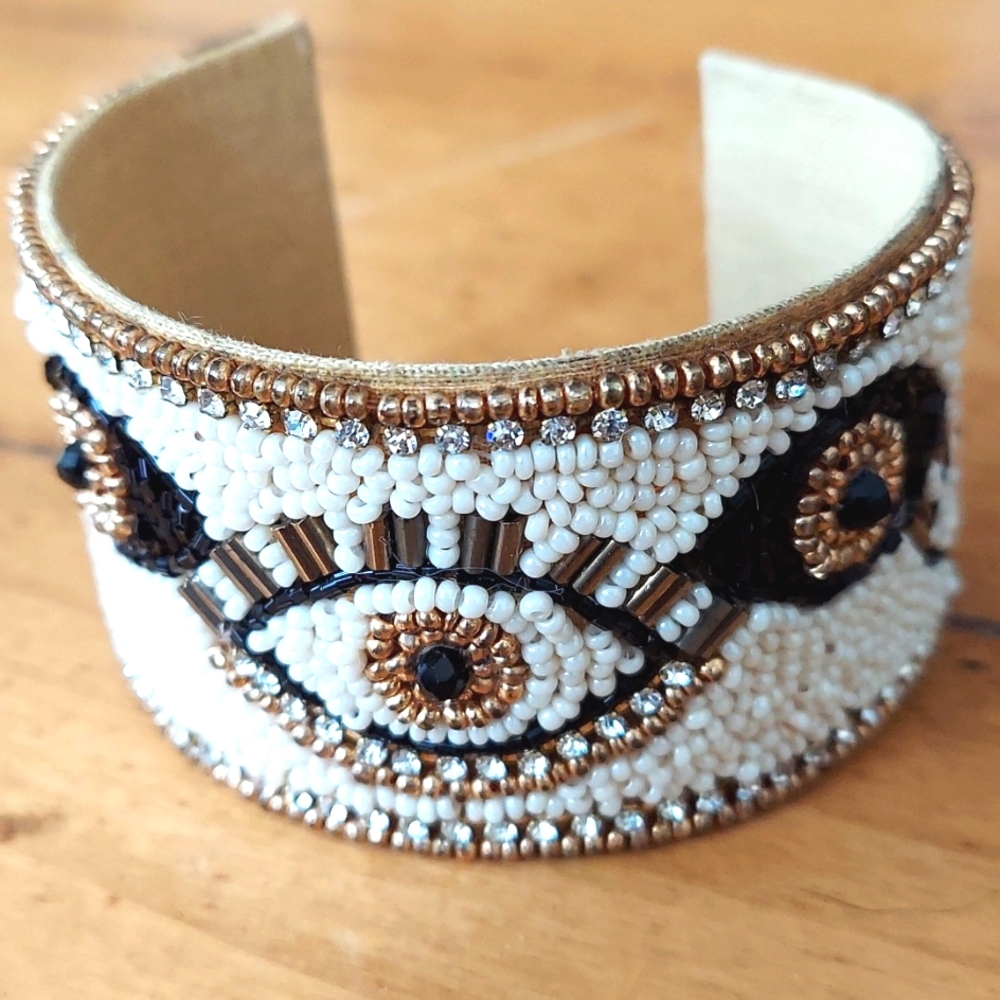 Natasha Bracelet‎ Beaded Evil Eye Cuff Cream Gold Black